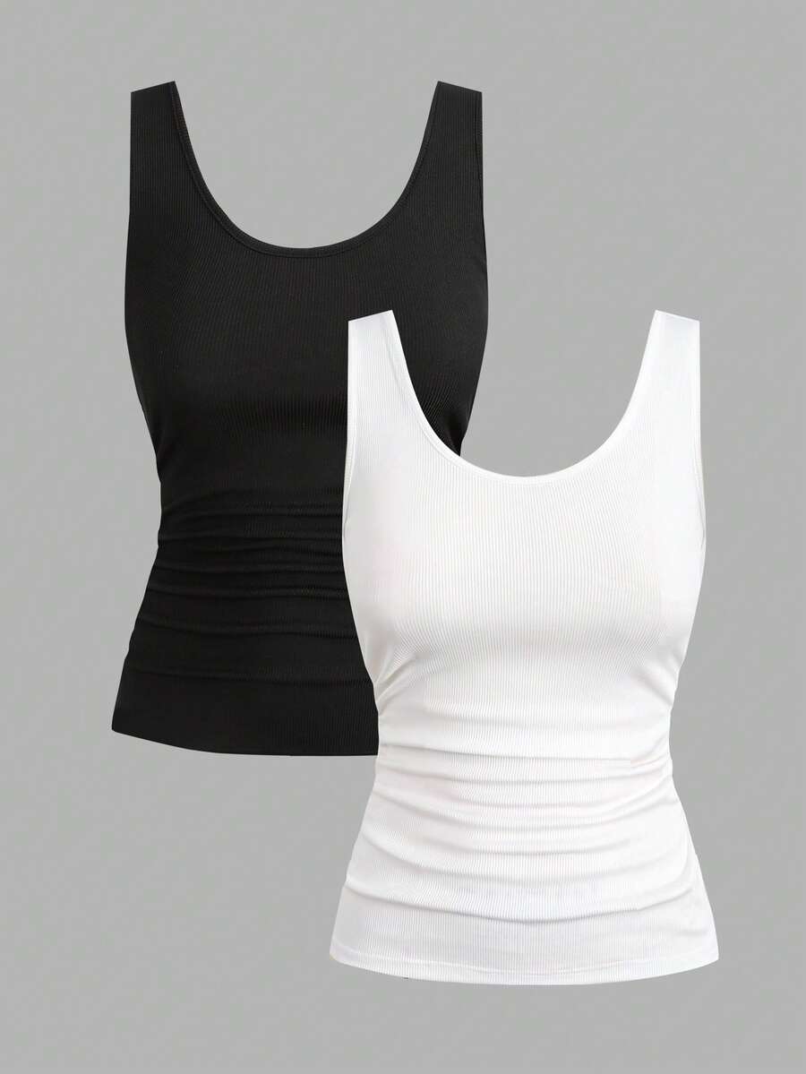 Girlism 2pcs/Set Teen Girls' Black & White Knit Minimalist U-Neck Ruched Waist Sleeveless Crop Top, Buy 1 Get 1 Free - Black and White - View 1