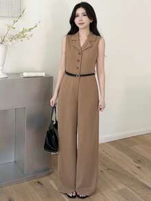 SHEIN Teen Girls' Khaki Lapel Collar Loose Wide Leg Jumpsuit, Waist Cinched, Minimalist Chic Fashion, Spring/Summer - Khaki - View 1