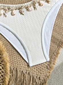 SHEIN Teen Girls Vacation Apricot Halter Neck Tankini With Seashell Embroidery Polyester Mid Waist Swimsuit - Apricot - View 5