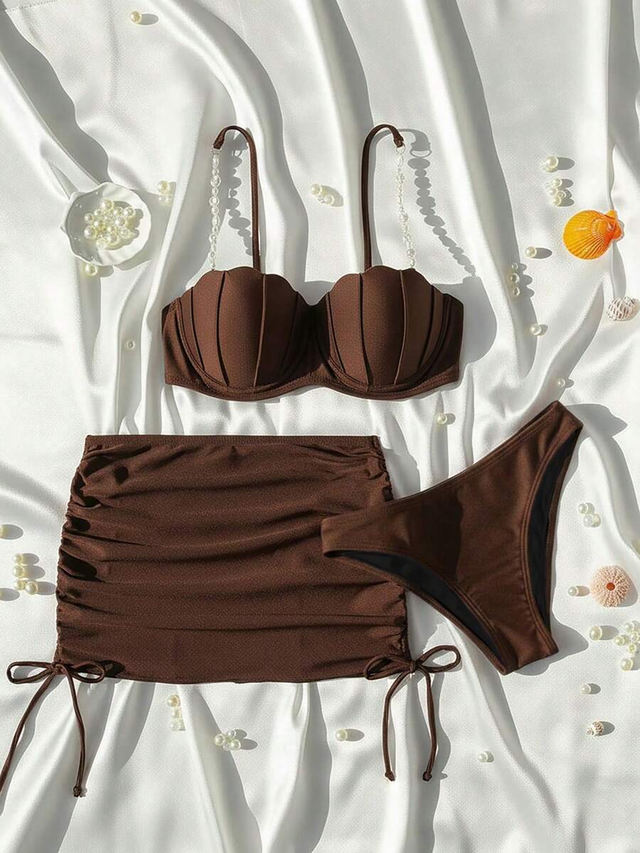 Swim Mod 三件套女士泳衣套装：纯色吊带比基尼上衣、三角比基尼泳裤和迷你裙 - 咖啡棕 - 查看 1