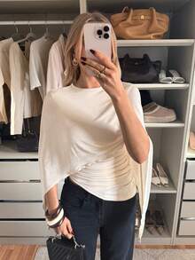 Siren Gaze 女士纯色针织斗篷，带褶裥细节长款上衣 - 杏色 - 查看 9