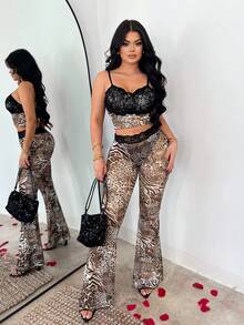 SHEIN SXY 夏季时尚性感动物纹撞色蕾丝露脐吊带背心和喇叭裤套装 - 彩色 - 查看 6