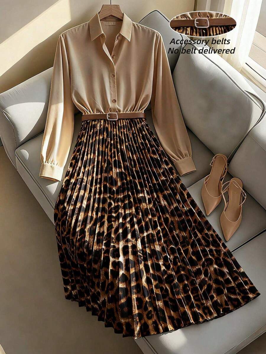 Franclia Petite 女士优雅收腰修身豹纹褶裥连衣裙，适合办公室通勤 - 咖啡 - 查看 1