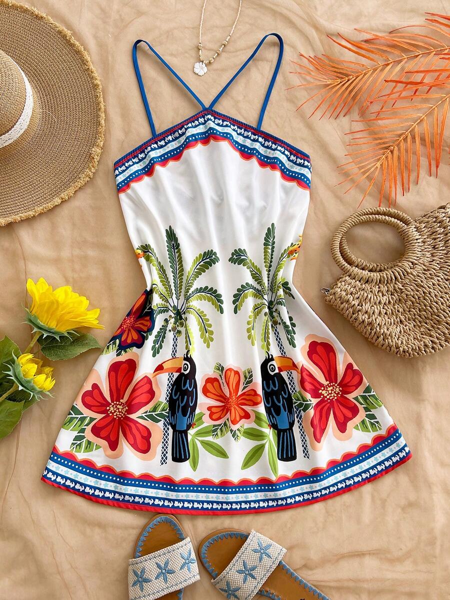 Soleia Casual Fashionable Printed Summer Sleeveless Dress, Tropical Vibe Dress, Women's Beach Slip Dress, Holiday Dress, Brazilian Tropical Vibe Holiday Printed, Women's Casual Dress - Multicolor - View 1