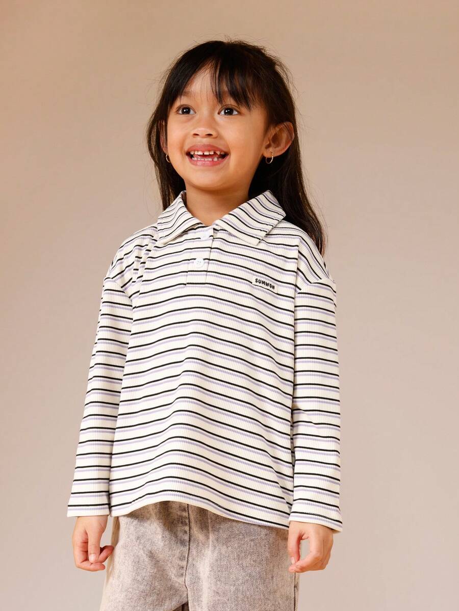 SUMWON 女童长袖条纹罗纹 Polo 衫，翻领休闲校服上衣 - 杏色 - 查看 1