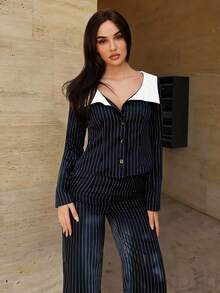 Siren Gaze Ensemble chemise et pantalon rayé bleu marine pour femmes, tenue décontractée et élégante en 2 pièces pour le travail