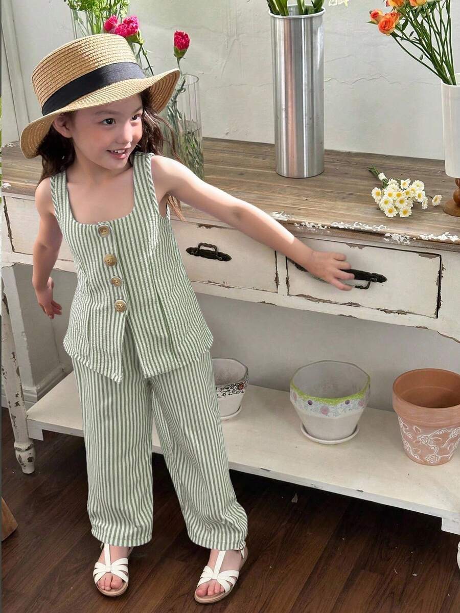 SHEIN Young Girl Casual Street Chic Commuting Fashion Striped Square Neck Sleeveless Top And Straight Leg Pants Set - Green - View 1