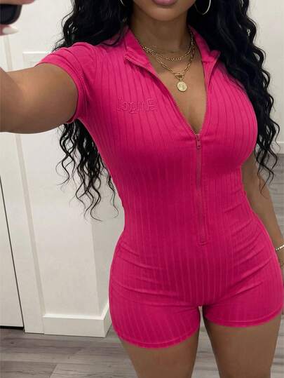 Slaydiva New Early Spring, Spring And Summer Music Festival, Valentine's Day, Easter Casual, Simple And Basic Style Y2K Street Sweet, Internet Celebrity Bestseller, Daily Date, Hot Girl Style, Sexy And Sporty Style, Small Round Neck, Covered Sleeve, Short Sleeve, Angel English Embroidery, Slim Fit, Rose Red Big Striped Knitted Fabric, Super Short, Women's Tight Jumpsuit -A