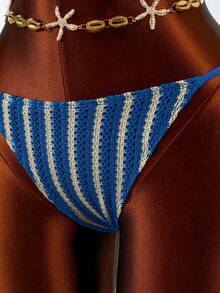 Swim Vcay 2026 New Thin Strap Spaghetti Strap Blue Textured Fabric Backless Side High Cut Tie Bikini Swimsuit 2-Piece Set For Women - Blue - View 6