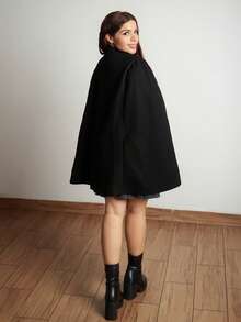 Lupita Cardoza 优雅立领拼色中国风纽扣装饰斗篷长袍女士加厚秋冬披肩连衣裙外套女冬装 - 黑色 - 查看 2