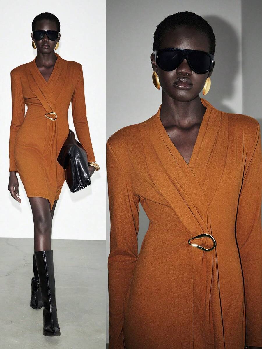 Lumivelle 女式都市简约V领金属扣装饰长袖修身办公室连衣裙，秋冬 - 摩卡棕 - 查看 1