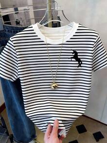 Resyla Plus Size Summer Casual Striped Unicorn Print Short Sleeve T-Shirt - Multicolor - View 3