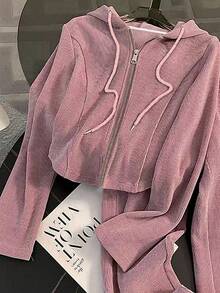 Resyla Princess Seam Fitted Cropped Hoodie + Side Slit Straight Leg Pants Set - Pink - View 3