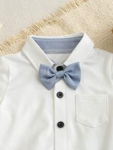 2pcs Baby Boy Gentleman Style Set,White Knit Collar Short Sleeve Shirt With Pocket & Bowknot,Elastic Waist Casual Bib Shorts,Elegant Summer Wedding - Multicolor - View 5