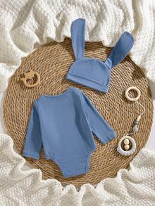 Loomiva 新生儿男女宝宝卡通怪兽图案针织柔软圆领长袖连体衣和帽子两件套 - 彩色 - 查看 6