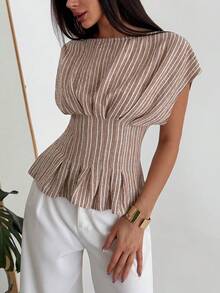 Aloruh 女士优雅通勤圆领休闲条纹短袖衬衫 - 杏色 - 查看 5