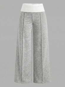 SHEIN 少女休闲返校复古日常穿搭 Y2K 罗纹针织白色翻边裤 法式灰色喇叭裤 - 灰色 - 查看 2