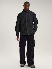 Musero Pinstripe Collared Long Sleeve Button Through Denim Jacket Shacket Style Jean Fabric Top Spring Summer - Black and White - View 5