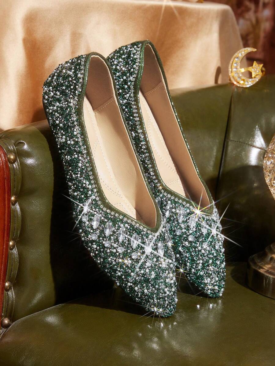 CUCCOO TILAWA Bailarinas con puntera puntiaguda y con rhinestones para mujer, de color plateado lujoso, cómodas y de uso casual para el día a día en Navidad - Verde Oscuro - Ver 1