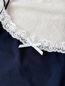 Teen Girls' Navy Blue & White Lace Trim Camisole Top And Shorts 2 Pieces Pajama Set, Spring/Summer - Royal Blue - View 4