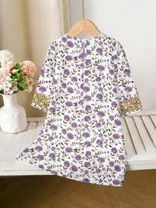 SHEIN 优雅复古独特高贵少女花卉印花长款卡夫坦连衣裙，适合春夏、节日场合，展现优雅女士风范。阿拉伯风格长袖V领宽松休闲连衣裙，适合庆祝活动、日常穿着、外出游玩、欢度假期。 - 彩色 - 查看 3