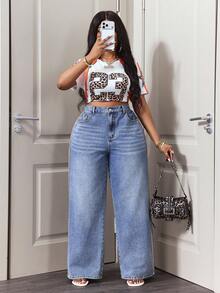Slaydiva Plus Size High Waist Patchwork Elastic Waistband Washed Denim Jeans - Blue - View 6