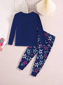 2pcs Girls Cartoon Girl Print Crew Neck Top And Colorful Star Print Leggings Set, Knit Stretchy Fabric, Casual Homewear - Navy Blue - View 2