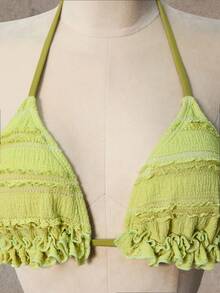 Bellisia Women's Summer Beach Solid Color Frill Halter Tie Sexy Bikini Swimwear Set With Cover-Up Skirt - Yellow - View 4