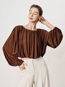 SHEIN Stylify Women's Coffee Brown Elegant Long Sleeve Blouse,Autumn Office Business Casual Ruched Round Neck Shirt,French Vintage Elastic Lined Versatile Top - Brown - View 6