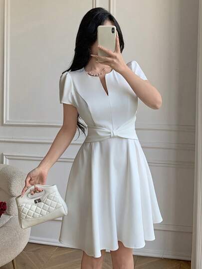 Celisse Elegant French Style Waist Cinching Bow Design Women Dress