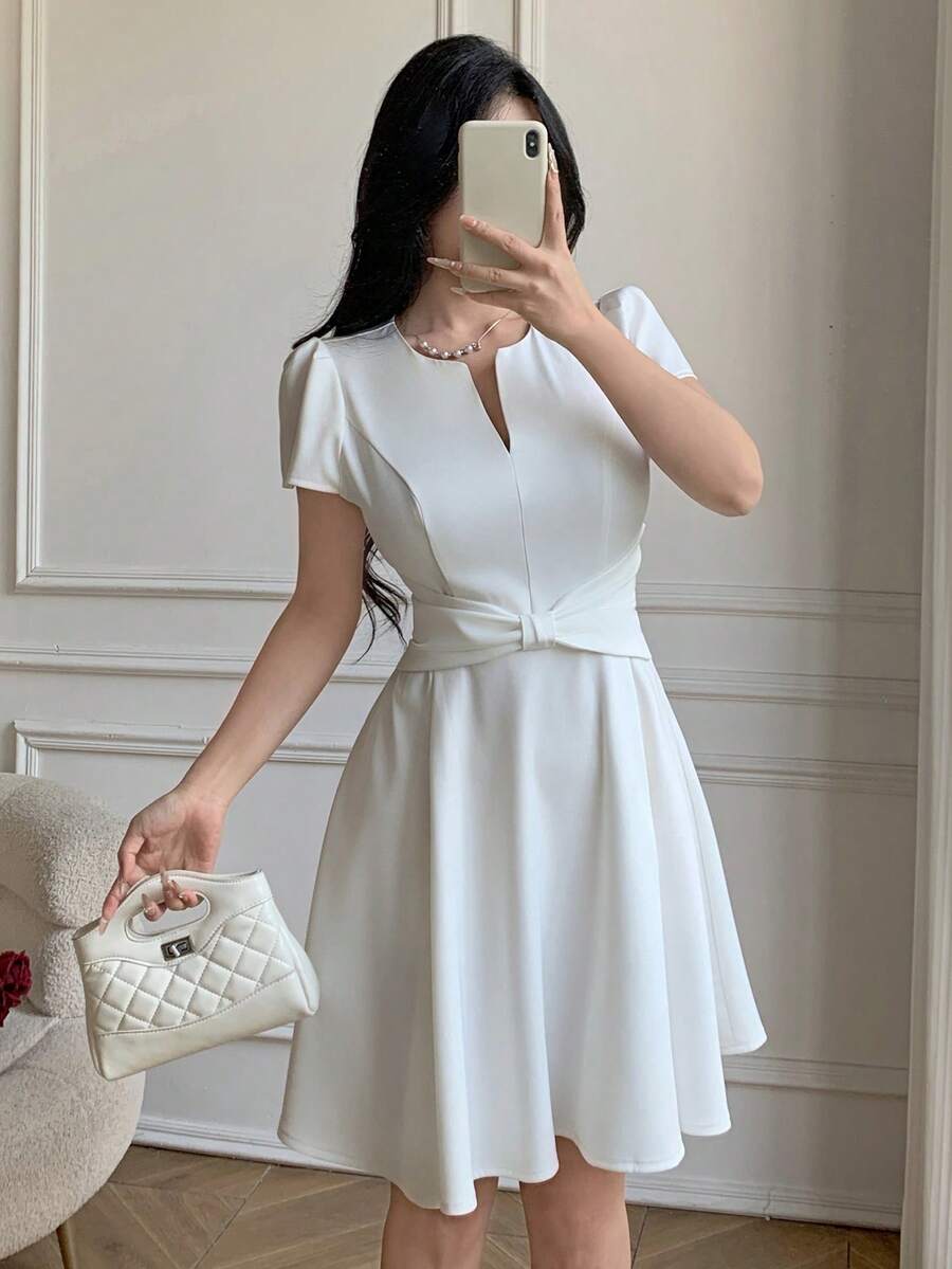 Celisse Elegant French Style Waist Cinching Bow Design Women Dress - White - View 1