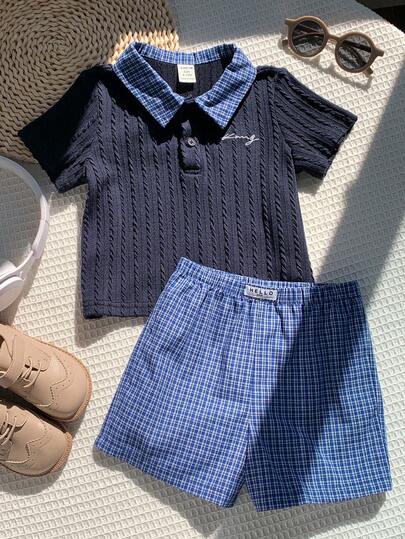 SHEIN 2pcs Newborn Baby Boy Summer Cute Preppy Style Navy Short Sleeve Polo Shirt And Elastic Waist Plaid Shorts Set, Suitable For Birthday Party, Rave, Evening Party, Performance, Wedding, One Month Celebration, Baptism And First Birthday