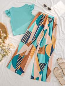 SHEIN 两件套女童休闲百搭绿色针织无袖上衣（荷叶边袖），修身圆领套头衫，松紧腰碎花直筒裤，度假风夏季套装 - 綠色 - 查看 2