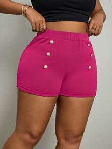 SHEIN PETITE CURVE Plus Size Summer Fashion Button Decor Elastic Waist Shorts - Hot Pink - View 3