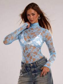 SHEIN BAE Women's Floral Lace Stand Collar Long Sleeve Sheer Sexy Bodysuit - Baby Blue - View 1