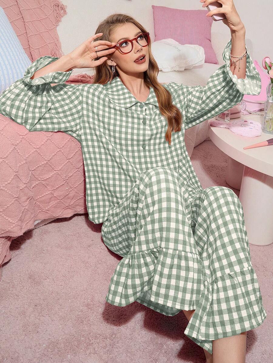 Sweetslumber 彼得潘领泡泡袖心形纽扣格子印花宽松女士睡衣套装 方格睡衣套装 绿色睡衣套装 格子睡衣 绿色睡衣套装 纽扣家居服 青少年纽扣家居服 绿色方格睡衣 纽扣睡衣套装 女士睡衣 女士家居服套装 方格睡衣 女士睡衣套装 女士家居服 女士睡衣派对套装 女士冬季睡衣套装 女士睡衣 - 彩色 - 查看 1