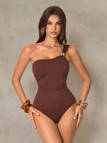 Shapewave 1pc Women's One-Piece Swimsuit With Tummy Control, Detachable Shoulder Strap, Textured Metal Buckle, Slim Fit, Brown - Brown - View 4