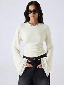 LYSMO 新款极简春夏女装，圆领落肩长袖撞色蕾丝时尚T恤，米色喇叭袖上衣，灰色长袖上衣 - 米色 - 查看 6