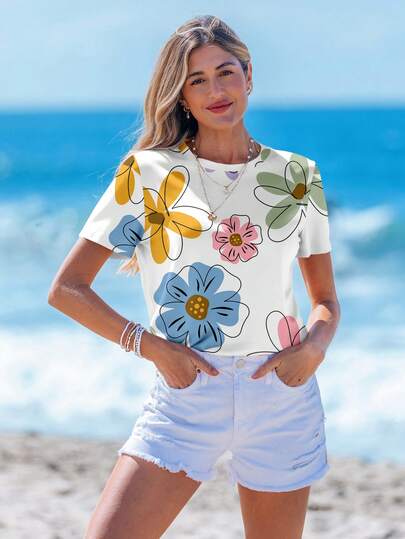 EMERY ROSE Mångsidig blommig t-shirt med rund hals och kort ärm, lös passform för kvinnor, vår/sommar