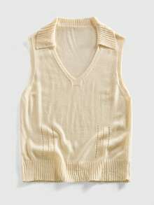 ROMWE MEN Street Life Men's V-Neck Minimalist Premium Knit Sweater Vest - Beige - View 9