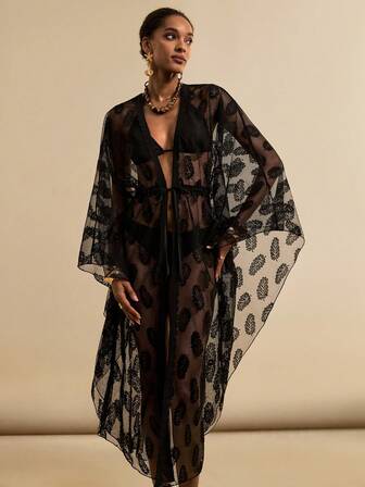 Vesra Women's Vacation Plant Print Mesh Belted Kimono Cover Up