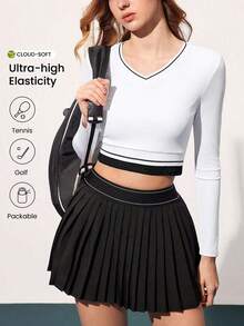 CourtClass 女士极简撞色滚边V领短款长袖网球上衣 - 黑與白 - 查看 1