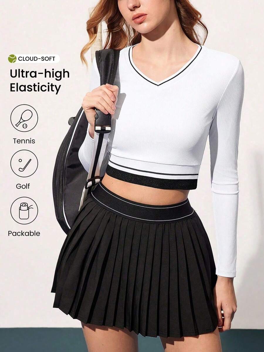 CourtClass 女士极简撞色滚边V领短款长袖网球上衣 - 黑與白 - 查看 1