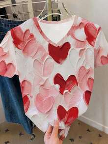 Resyla Valentine's Day Ink Heart Print Women's T-Shirt, Round Neck Short Sleeve, Women's Sportswear, Spring/Summer