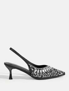 CUCCOO TILAWA Silver Toe Open Pointed-Toe Rhinestone Satin Wedding Heels For Women For Christmas Valentine's Day - Black - View 2