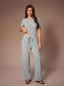SHEIN European & American Style Fitted Short Sleeve Button-Up Top And Pants Casual Pajama Set - Grey - View 1