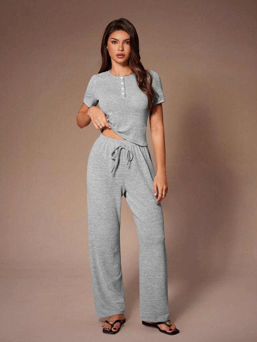 SHEIN European & American Style Fitted Short Sleeve Button-Up Top And Pants Casual Pajama Set - Grey - View 1
