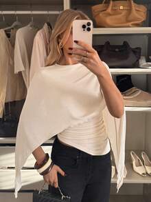 Siren Gaze 女士纯色针织斗篷，带褶裥细节长款上衣 - 杏色 - 查看 4