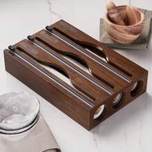 1 pieza Dispensador de plástico de bambú, Caja de almacenamiento de papel de aluminio y envoltorio de plástico 3 en 1, Adecuado para la cocina - Vuelta al colegio - Marrón - Ver 7