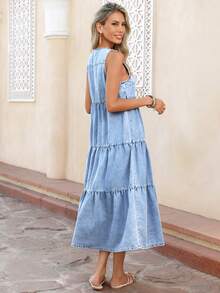 Selianne Women's Vacation Tie Front Ruffle Hem Sleeveless Denim Dress